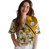 Unisex Pittsburgh Steelers Hawaiian Shirt Tropical Sunset Beach Palm Tree Print Gold Diagonal Stripe Casual Button Down 4 Hi70j.jpg - sohemix
