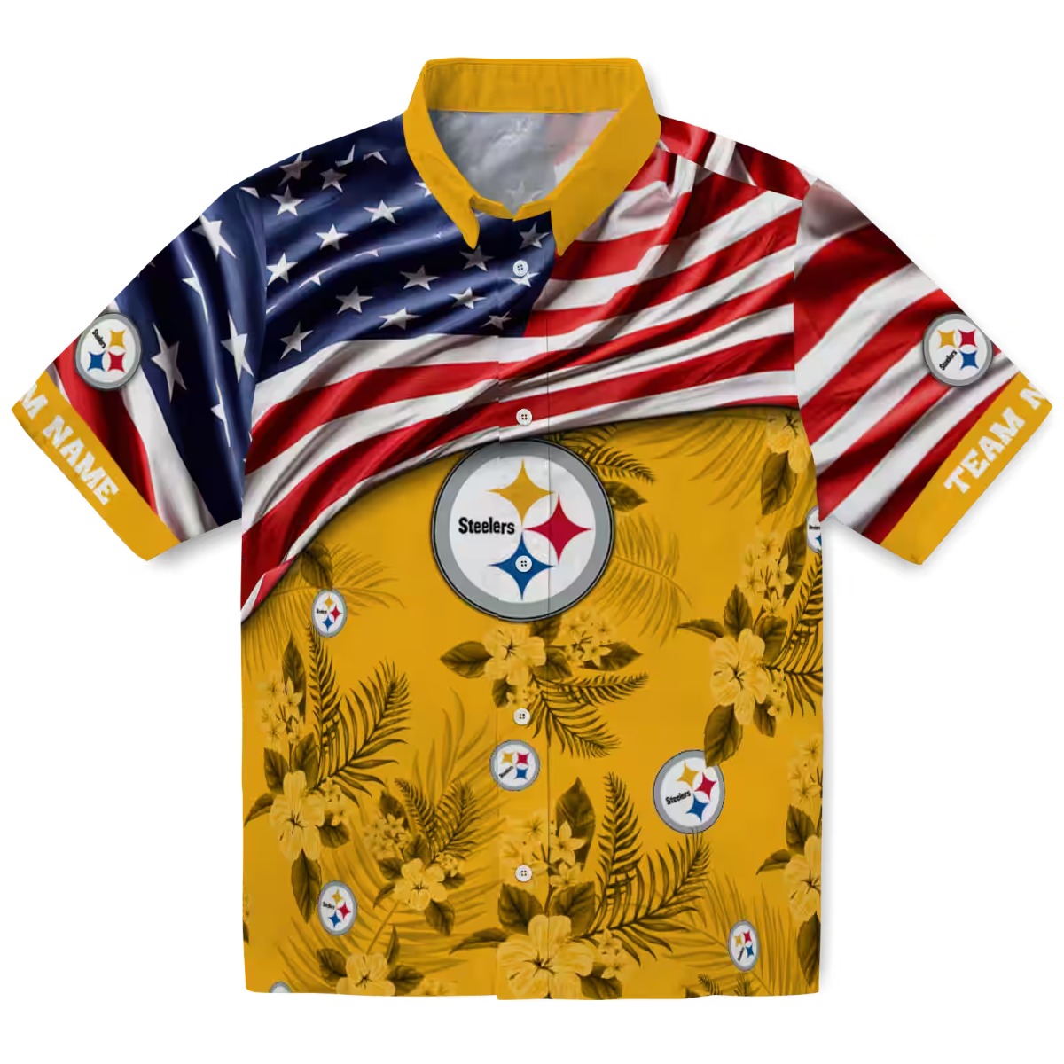 Unisex Pittsburgh Steelers Hawaiian Shirt with American Flag Gold Tropical Floral Pattern Button Down