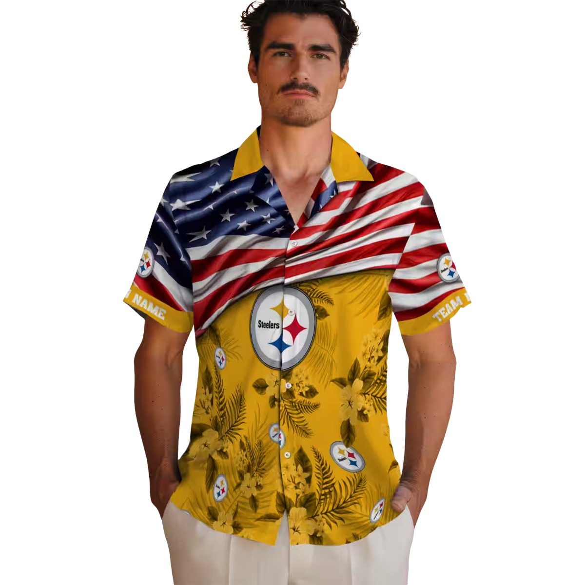 Unisex Pittsburgh Steelers Hawaiian Shirt with American Flag Gold Tropical Floral Pattern Button Down
