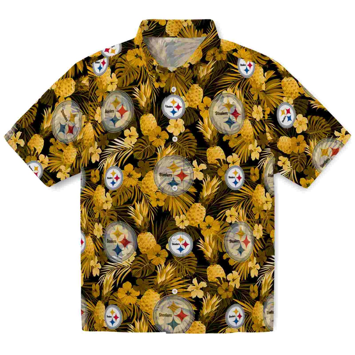 Unisex Pittsburgh Steelers Hawaiian Shirt with Black Gold Tropical Floral Pineapple Print - Short Sleeve Button Down