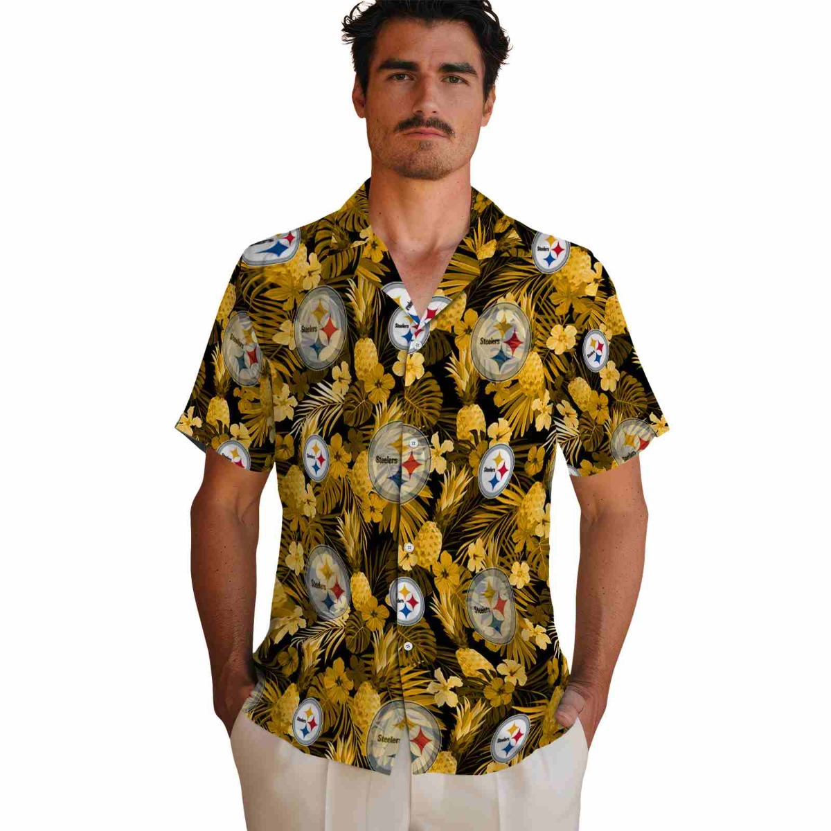 Unisex Pittsburgh Steelers Hawaiian Shirt with Black Gold Tropical Floral Pineapple Print - Short Sleeve Button Down