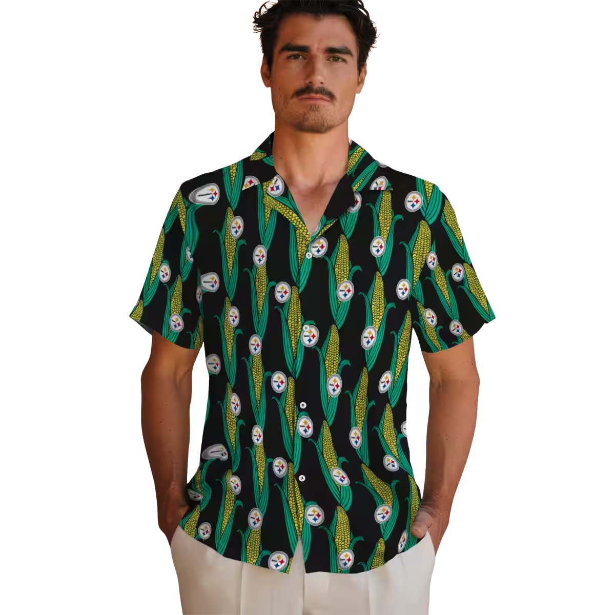 Unisex Pittsburgh Steelers Hawaiian Shirt with Corn Pattern - Black Casual Button-Down