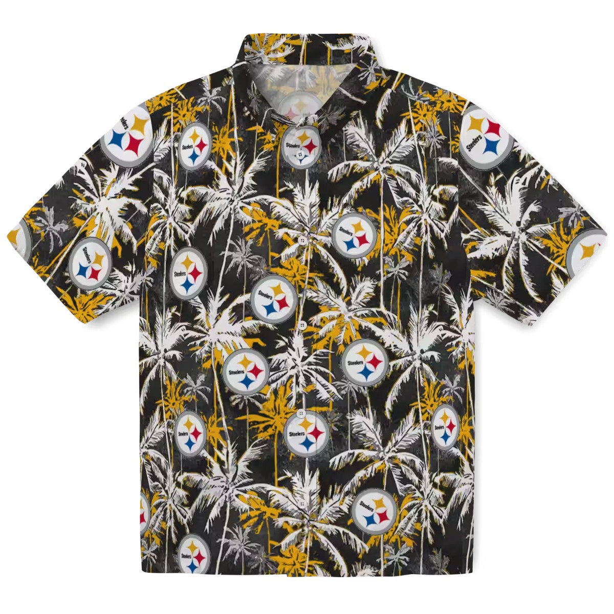 Unisex Pittsburgh Steelers Hawaiian Shirt with Palm Tree Pattern - Black Gold Tropical Button-Down