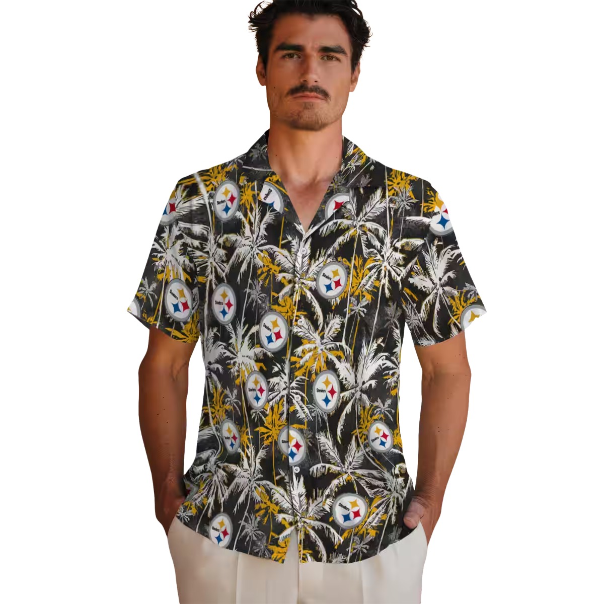 Unisex Pittsburgh Steelers Hawaiian Shirt with Palm Tree Pattern - Black Gold Tropical Button-Down