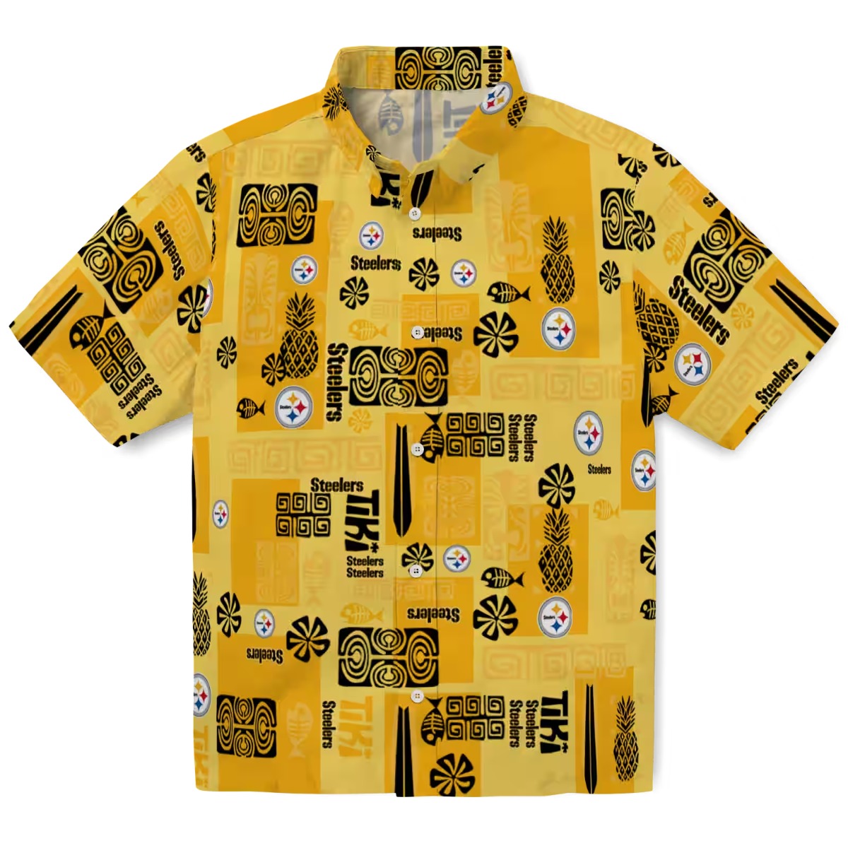 Unisex Pittsburgh Steelers Hawaiian Shirt with Tribal Pattern, Pineapple Tiki Print - Yellow Short Sleeve Button-Down