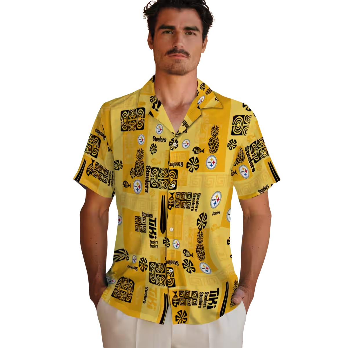 Unisex Pittsburgh Steelers Hawaiian Shirt with Tribal Pattern, Pineapple Tiki Print - Yellow Short Sleeve Button-Down