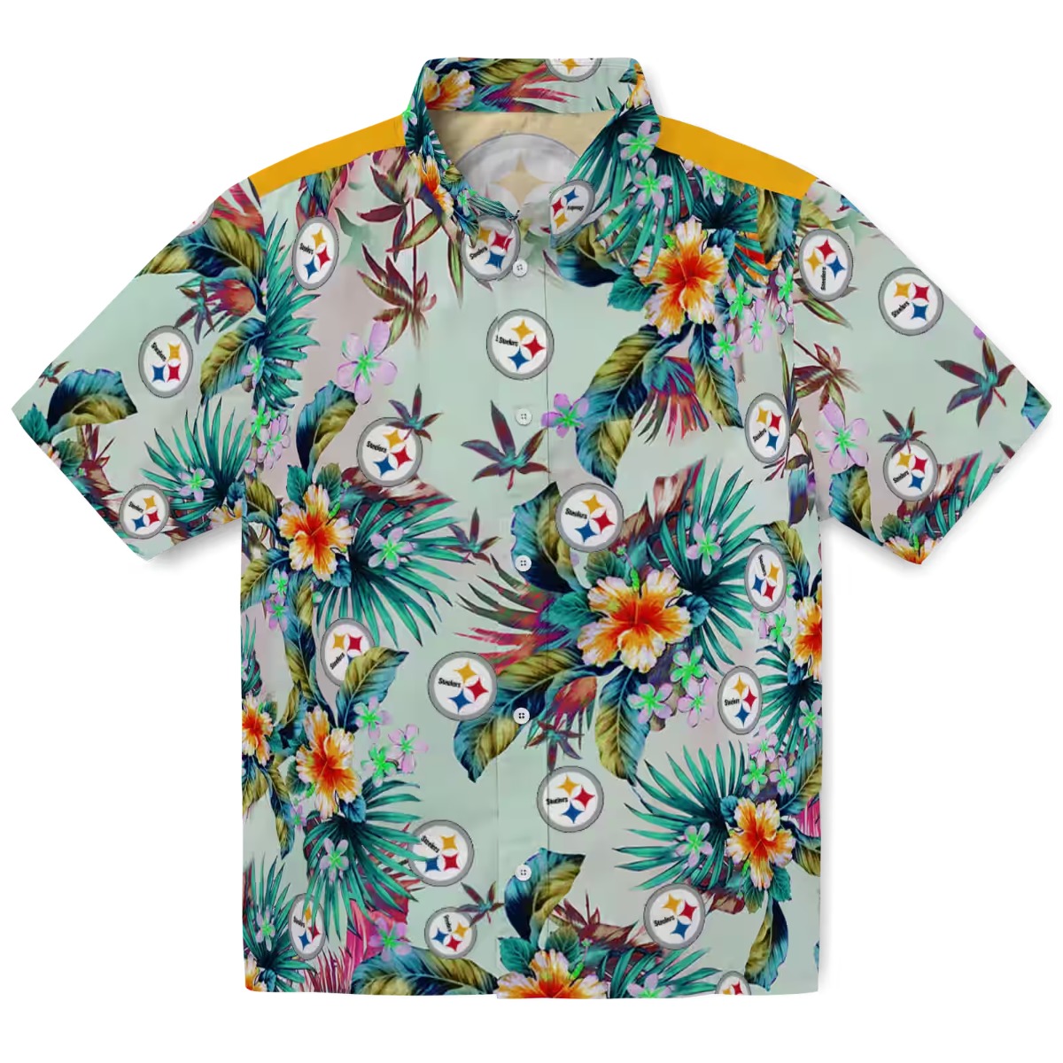 Unisex Pittsburgh Steelers Hawaiian Shirt with Tropical Floral Print - Green Casual Button-Down
