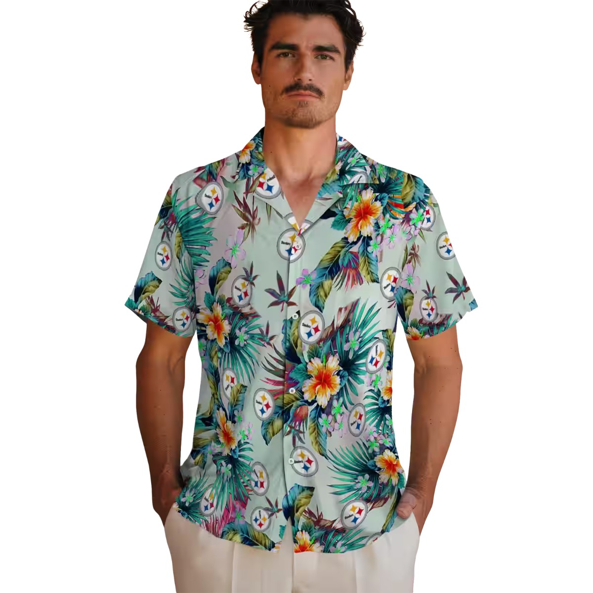 Unisex Pittsburgh Steelers Hawaiian Shirt with Tropical Floral Print - Green Casual Button-Down