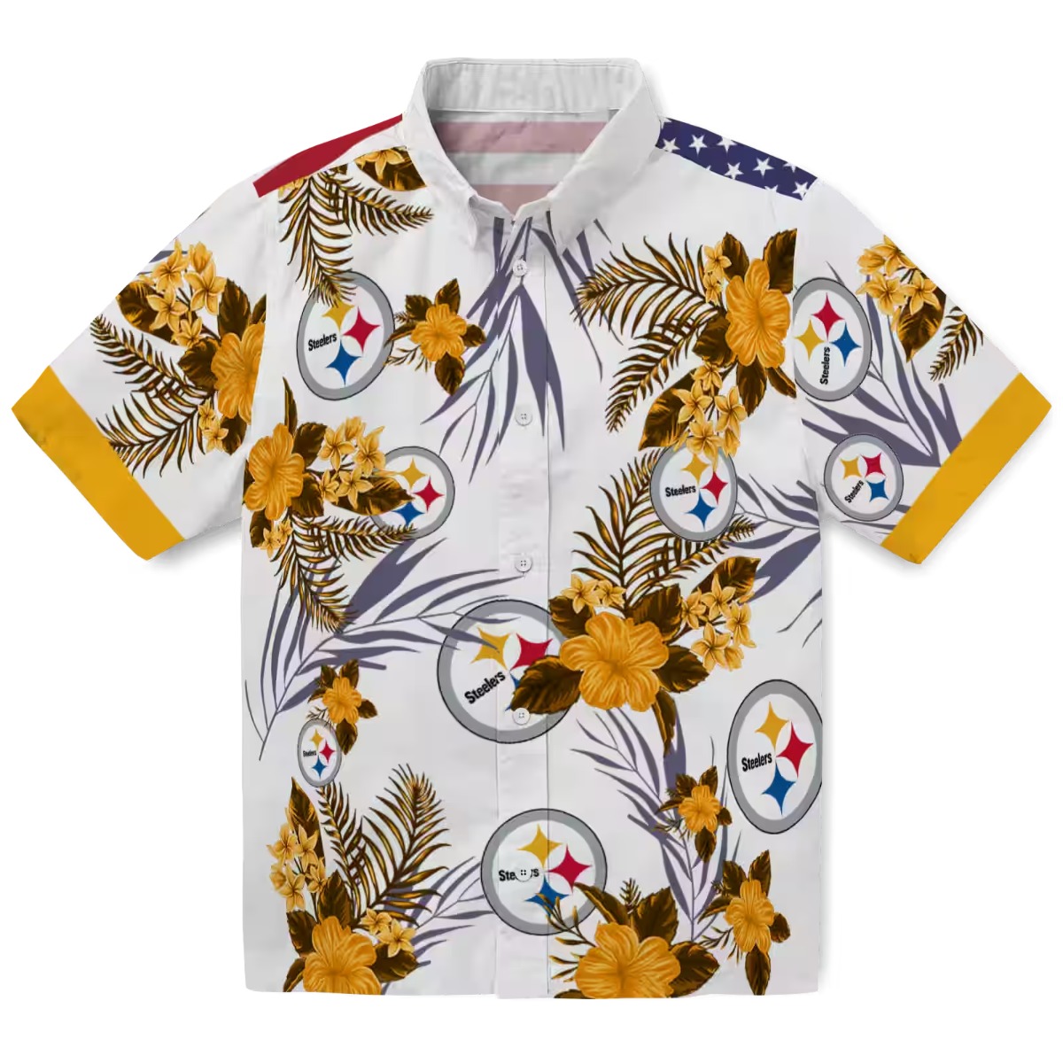Unisex Pittsburgh Steelers Hawaiian Shirt with Tropical Floral Print, Patriotic US Flag Collar, Button-Down