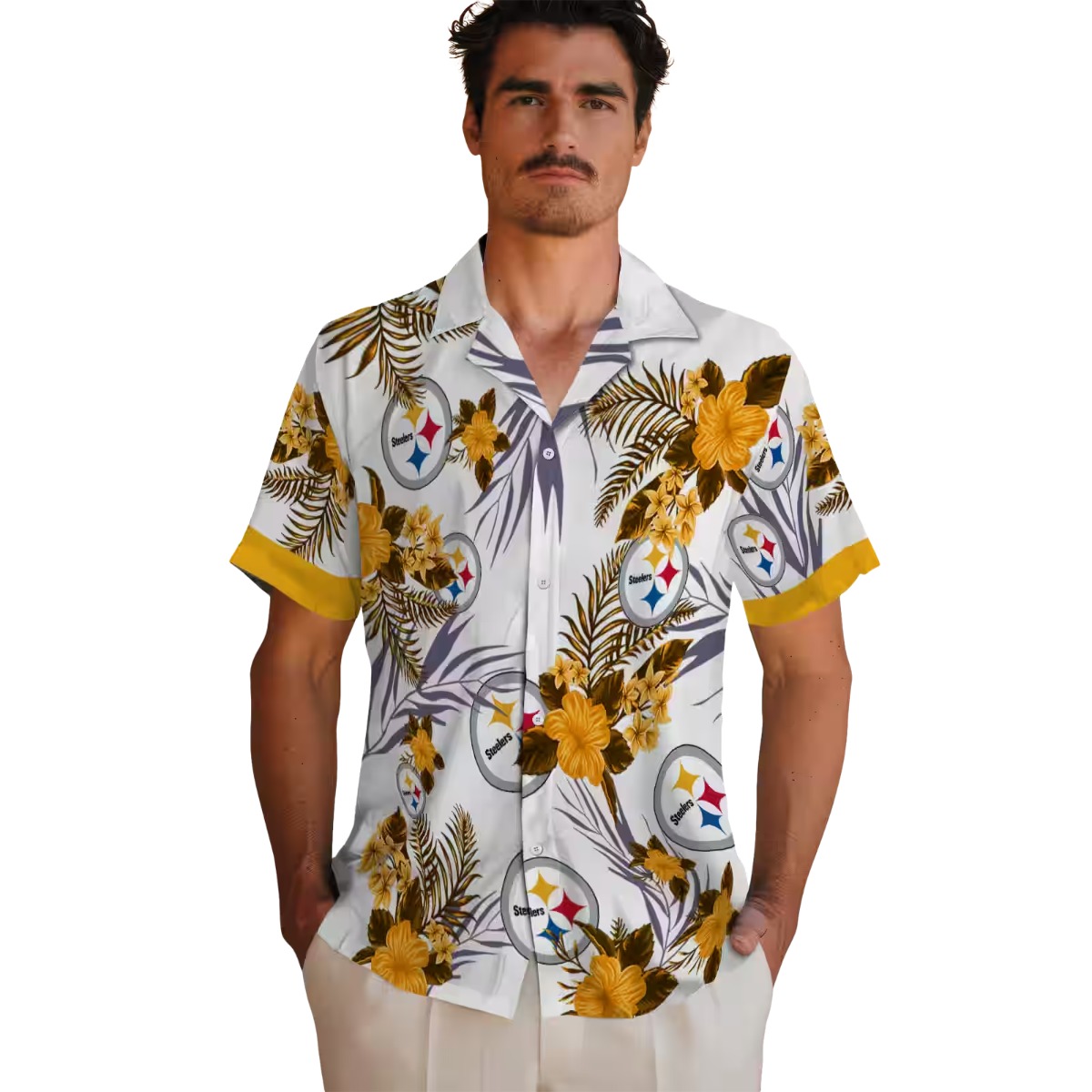 Unisex Pittsburgh Steelers Hawaiian Shirt with Tropical Floral Print, Patriotic US Flag Collar, Button-Down