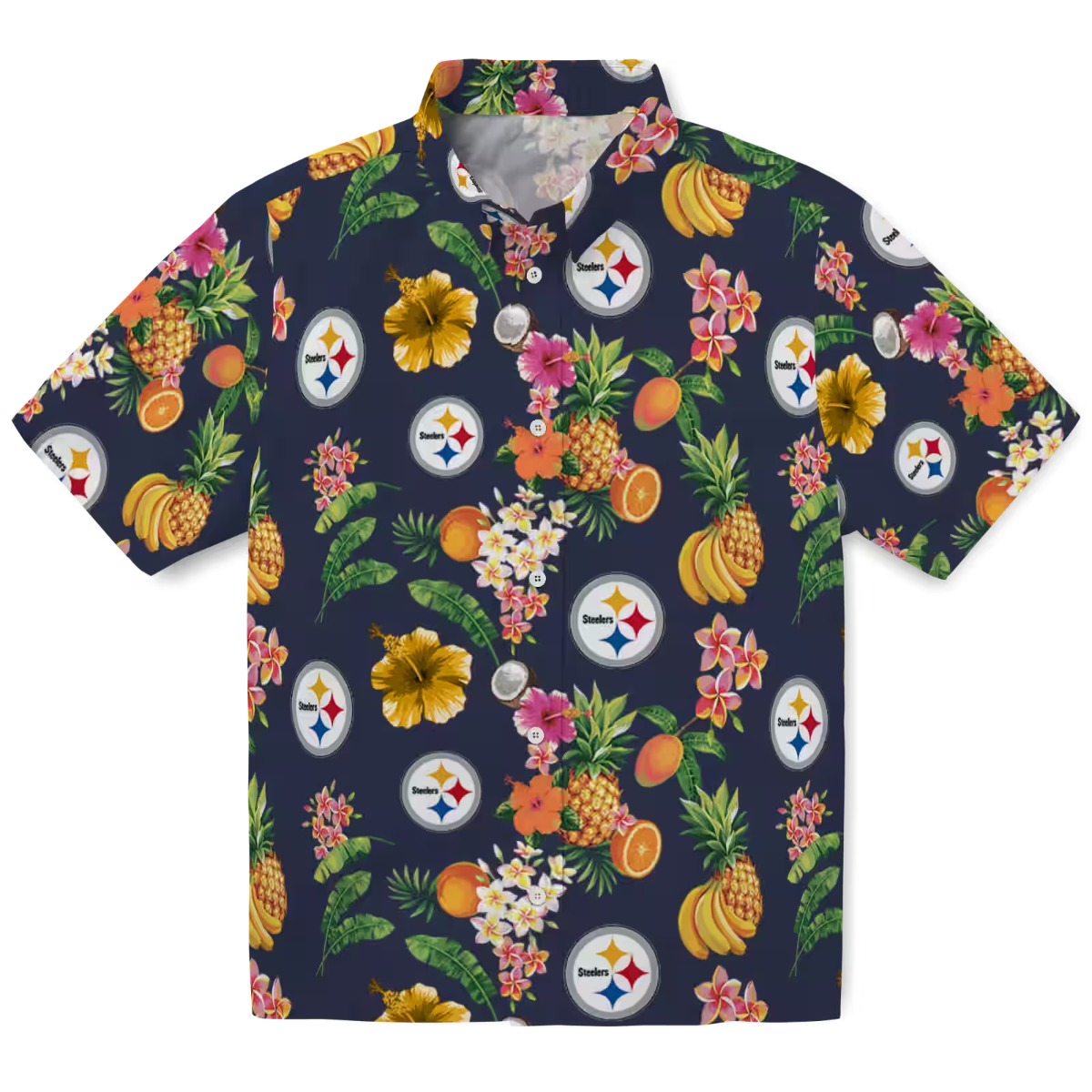 Unisex Pittsburgh Steelers Hawaiian Shirt with Tropical Fruit Hibiscus Floral Print - Navy Blue Casual Button-Down