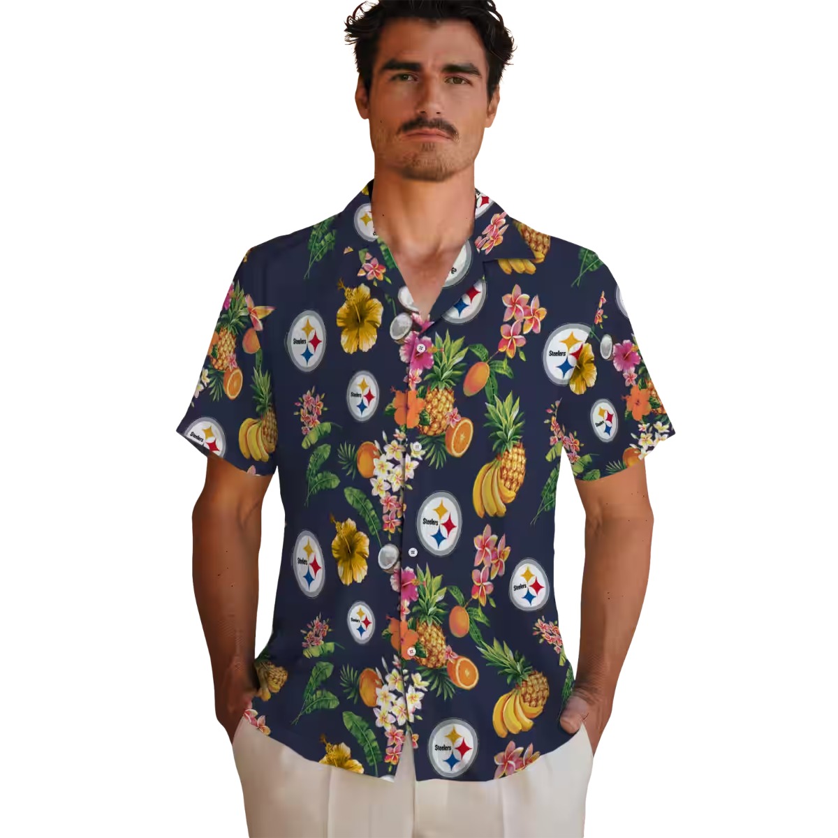 Unisex Pittsburgh Steelers Hawaiian Shirt with Tropical Fruit Hibiscus Floral Print - Navy Blue Casual Button-Down