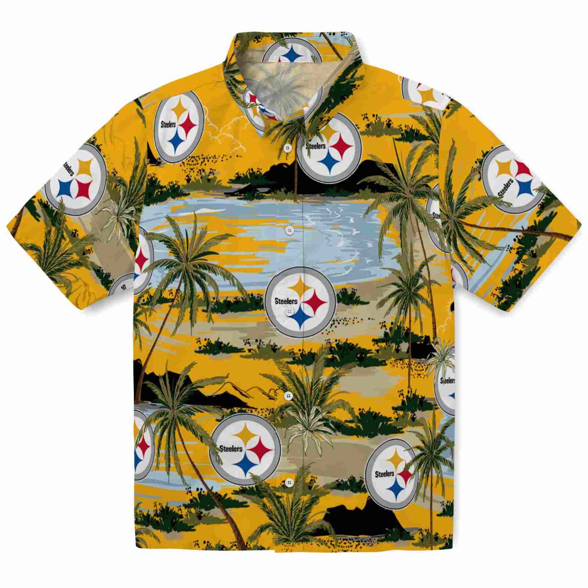 Unisex Pittsburgh Steelers Hawaiian Shirt with Tropical Palm Tree Beach Print - Gold Yellow Casual Button-Down