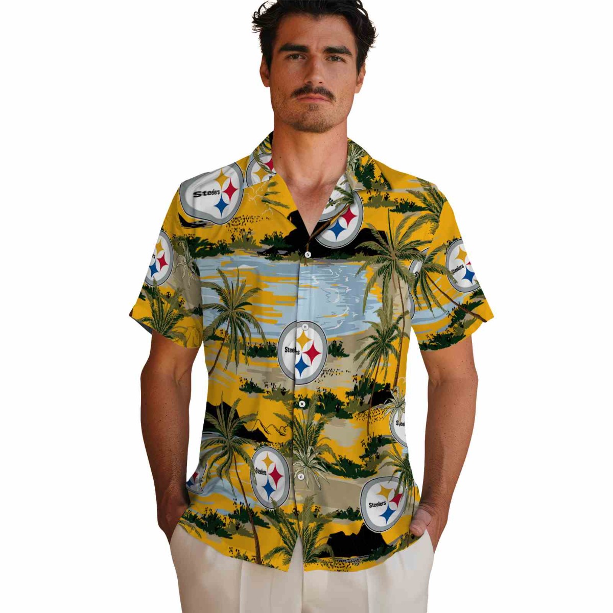 Unisex Pittsburgh Steelers Hawaiian Shirt with Tropical Palm Tree Beach Print - Gold Yellow Casual Button-Down