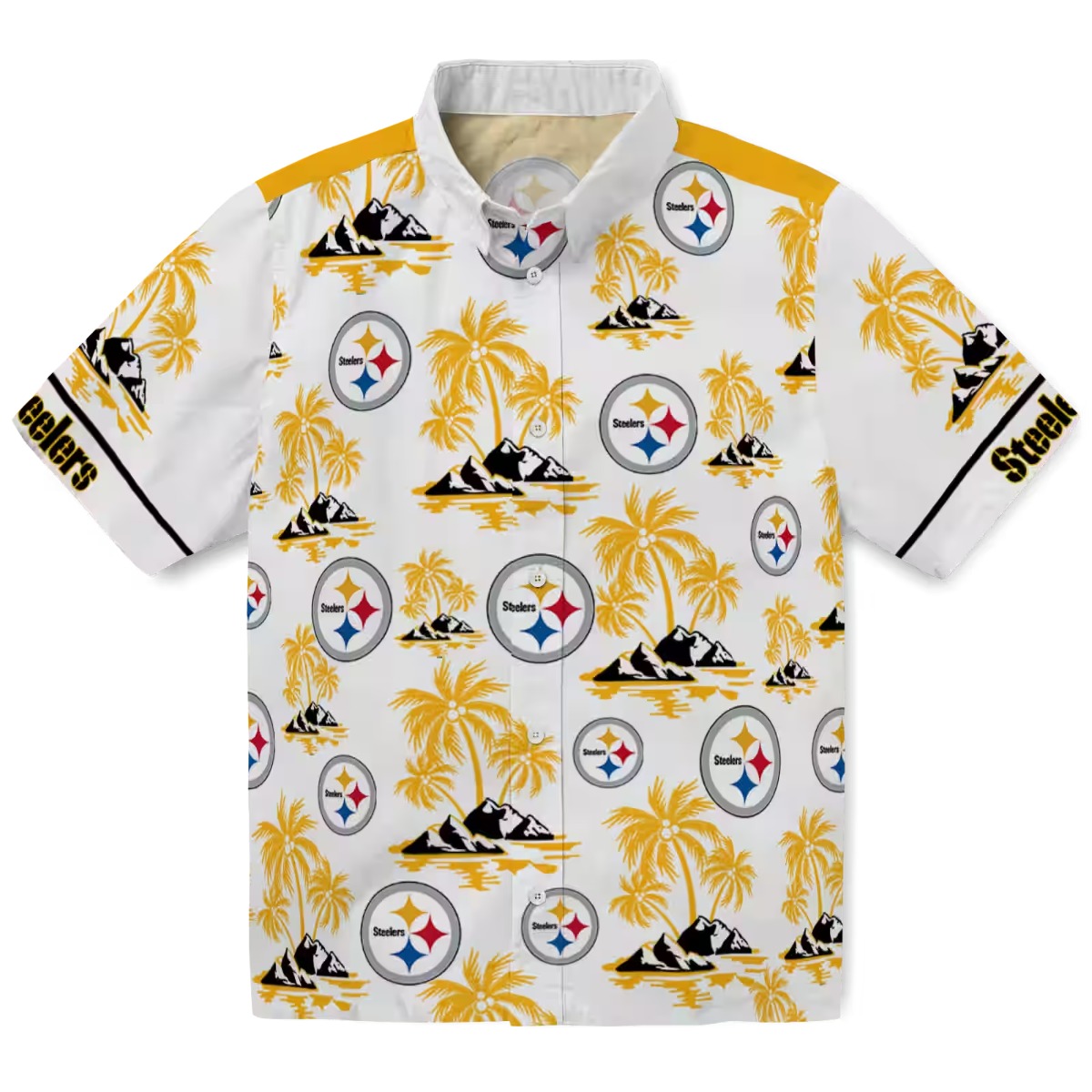 Unisex Pittsburgh Steelers Hawaiian Shirt with Tropical Palm Tree Island Print - Gold White Short Sleeve Button-Down