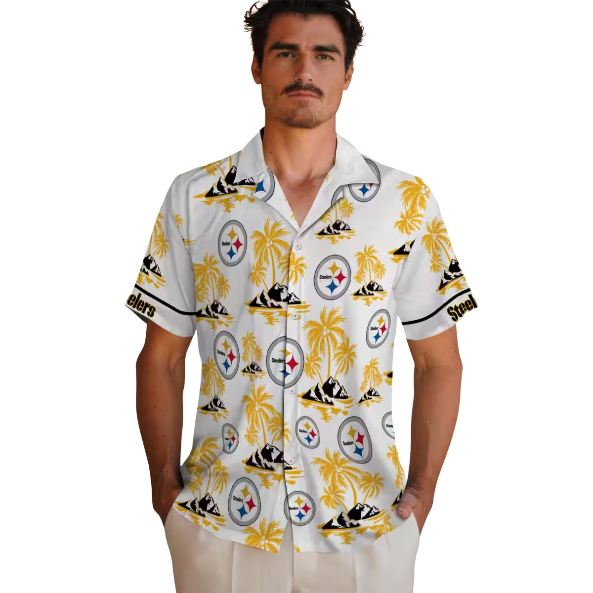 Unisex Pittsburgh Steelers Hawaiian Shirt with Tropical Palm Tree Island Print - Gold White Short Sleeve Button-Down
