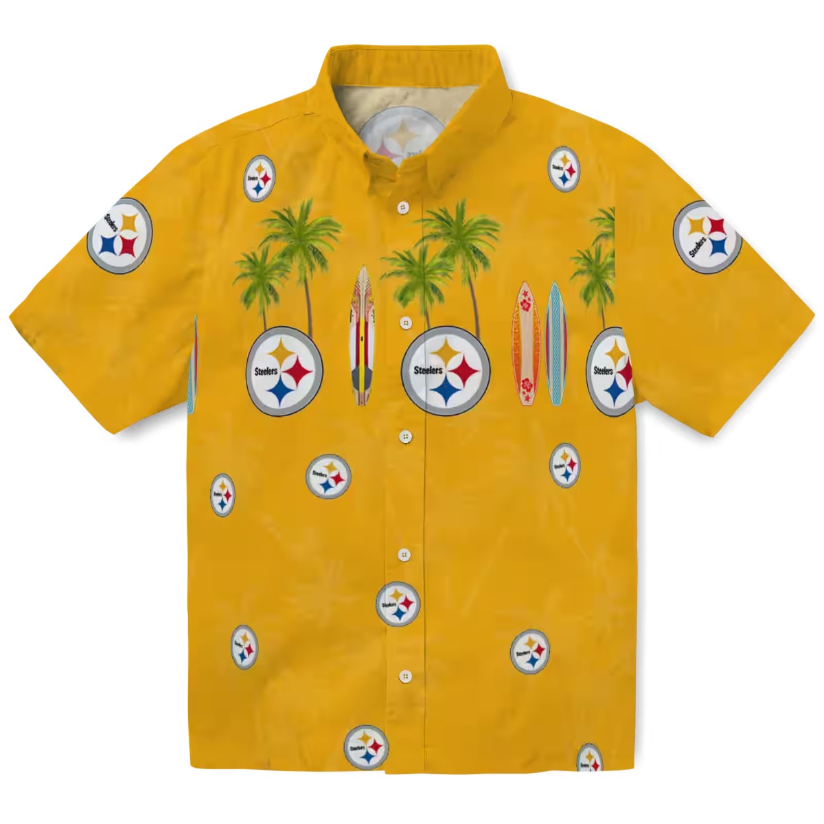 Unisex Pittsburgh Steelers Hawaiian Shirt with Tropical Palm Tree Surfboard Print - Yellow Button-Down