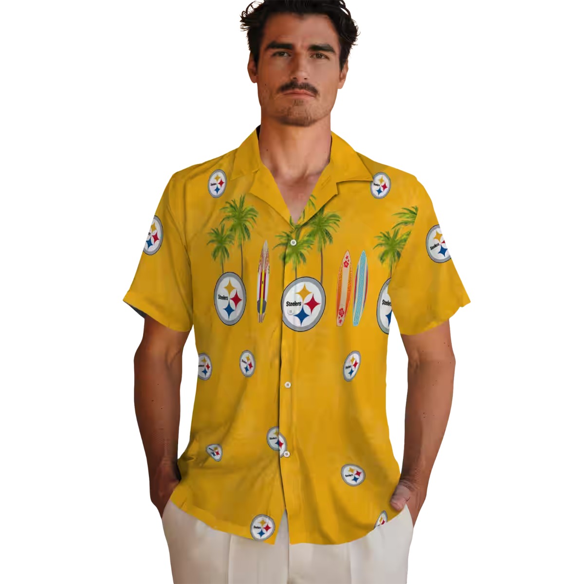Unisex Pittsburgh Steelers Hawaiian Shirt with Tropical Palm Tree Surfboard Print - Yellow Button-Down