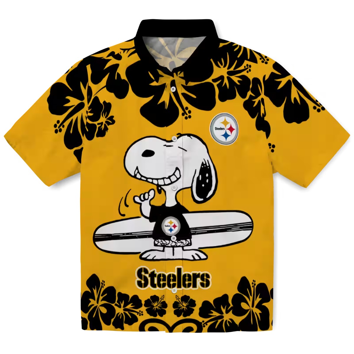 Unisex Pittsburgh Steelers Snoopy Surfing Hawaiian Shirt Yellow Black Tropical Floral Print
