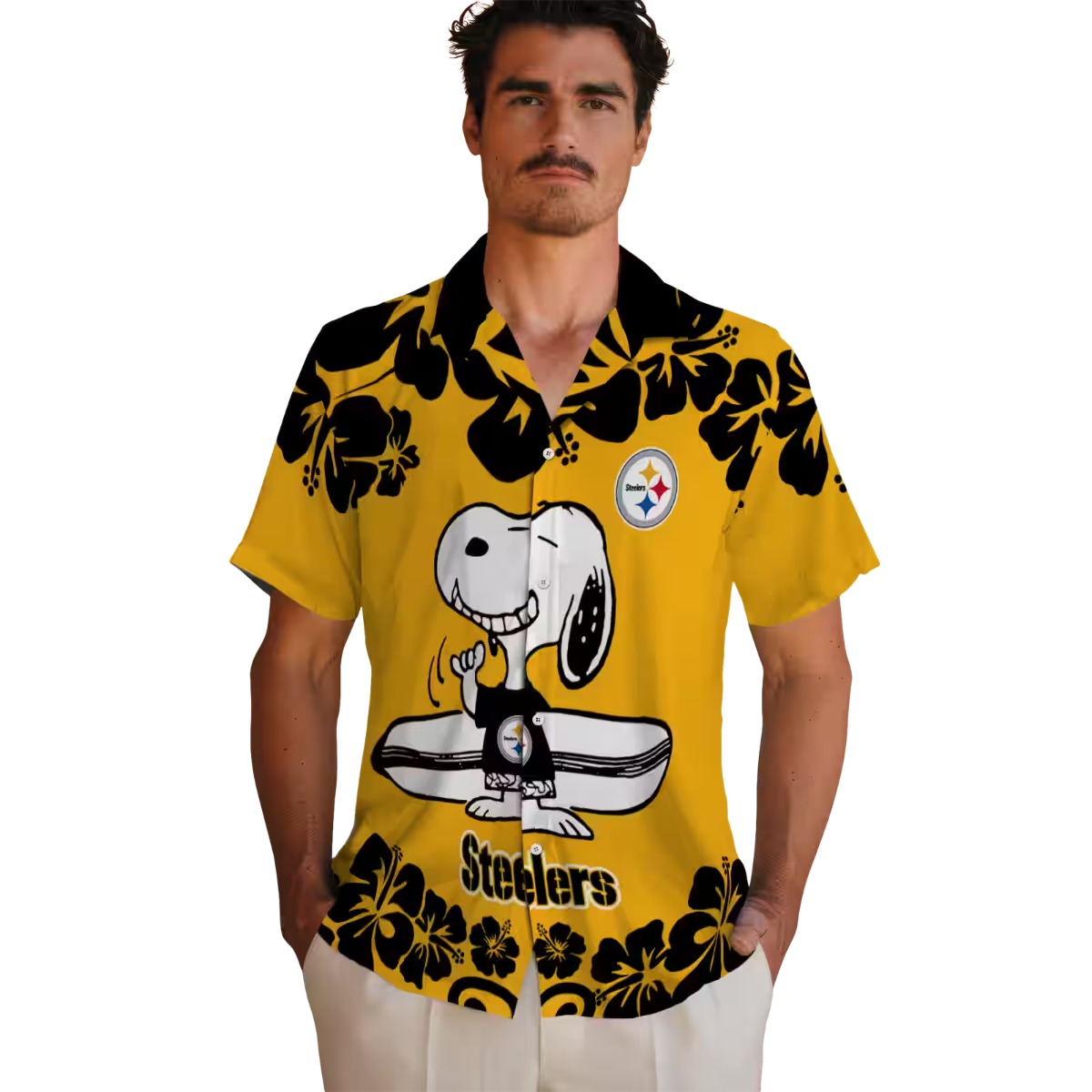 Unisex Pittsburgh Steelers Snoopy Surfing Hawaiian Shirt Yellow Black Tropical Floral Print
