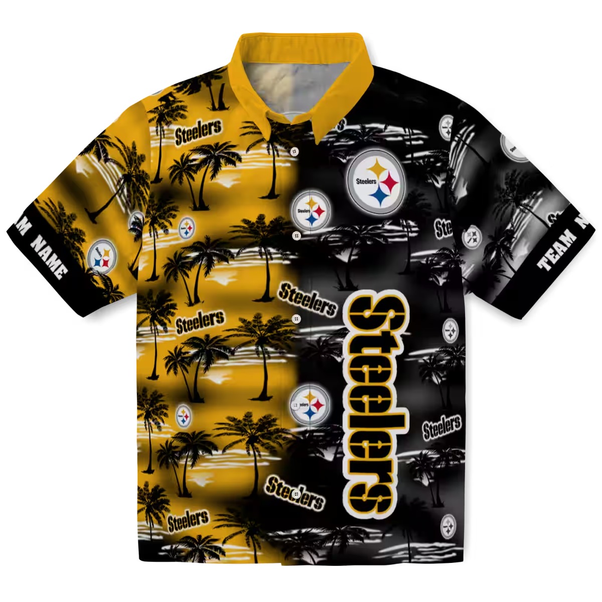 Unisex Pittsburgh Steelers Split Design Hawaiian Shirt with Palm Tree Print - Gold Black Button Down