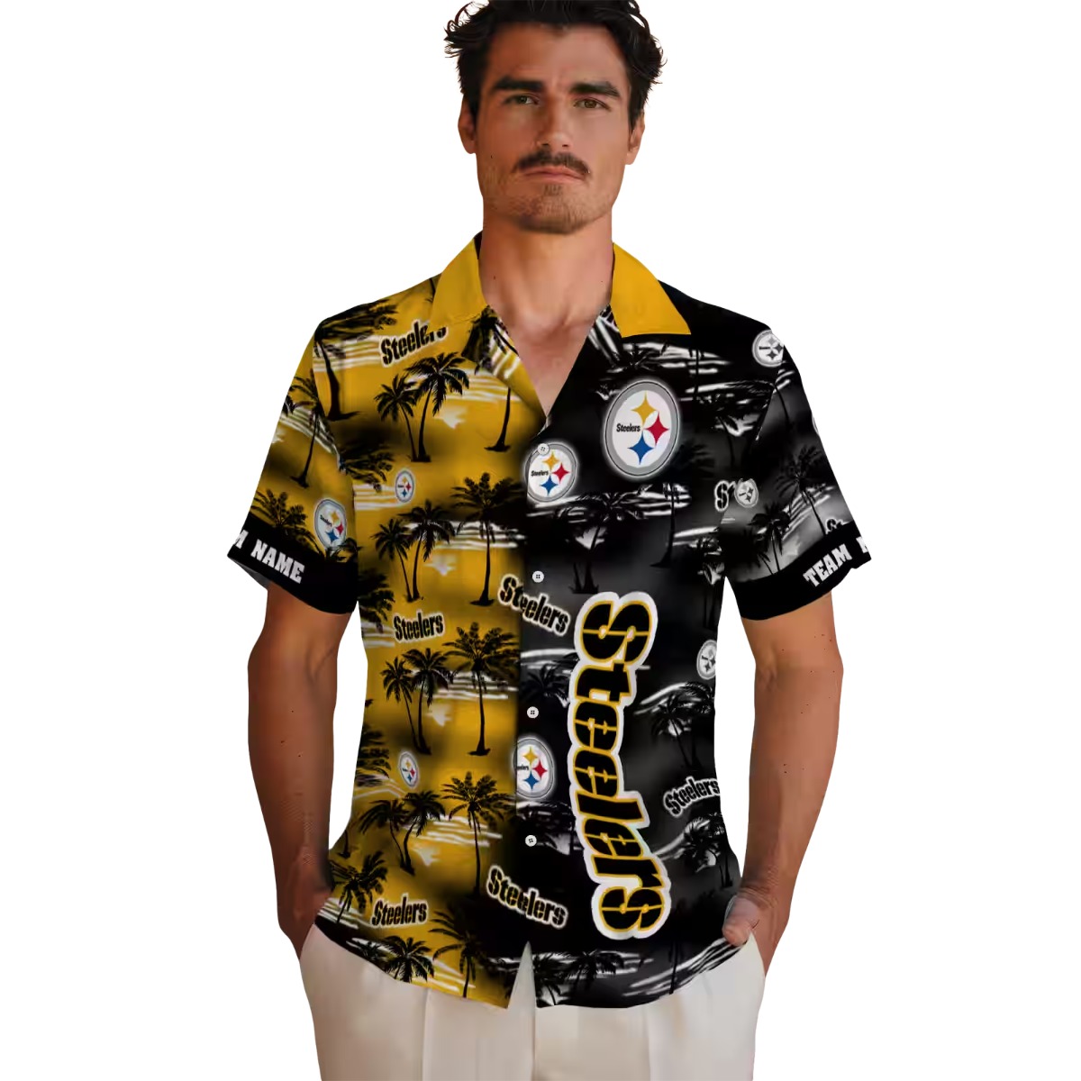 Unisex Pittsburgh Steelers Split Design Hawaiian Shirt with Palm Tree Print - Gold Black Button Down
