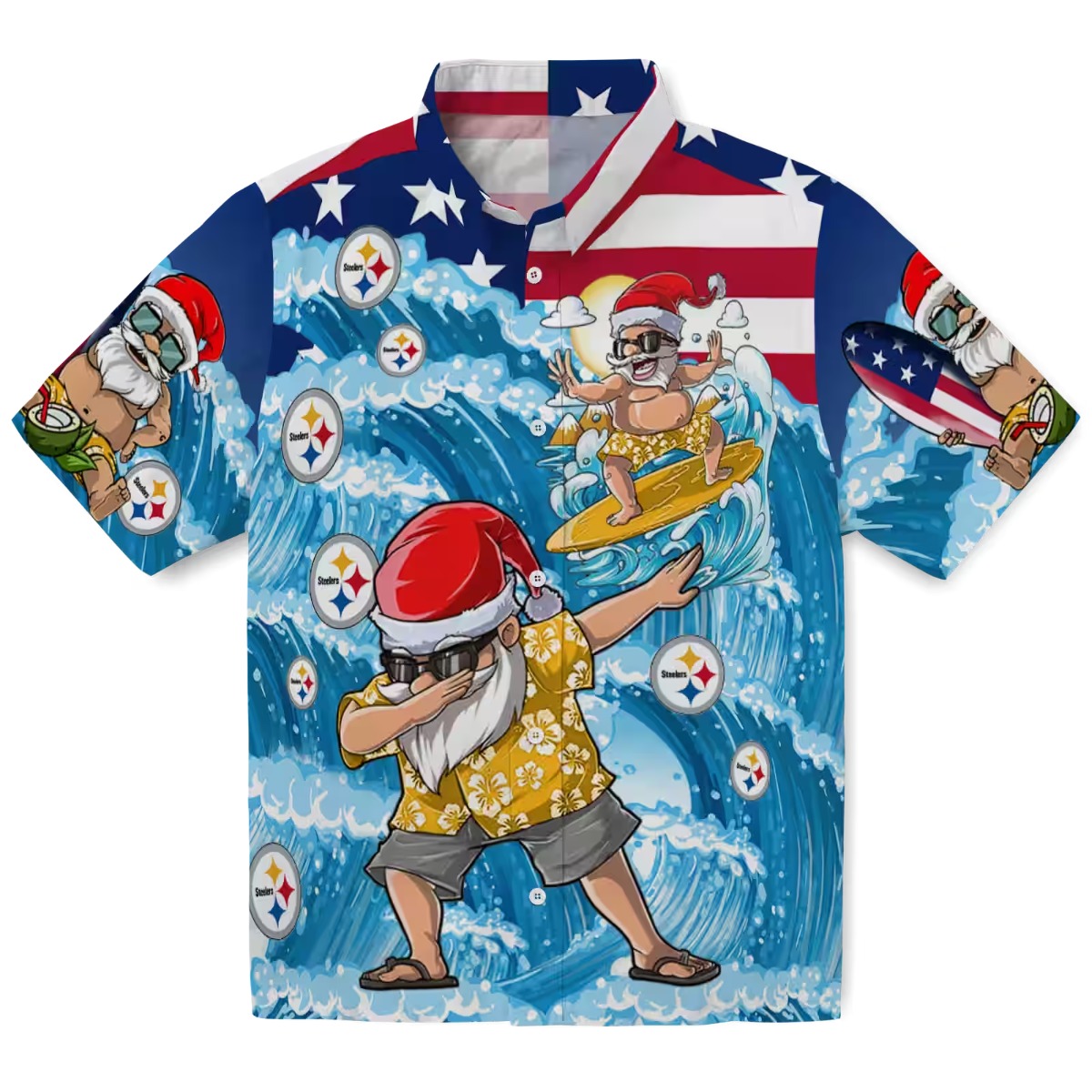 Unisex Pittsburgh Steelers Surfing Santa Hawaiian Shirt with Dabbing Santa American Flag - Christmas Holiday Button-Down