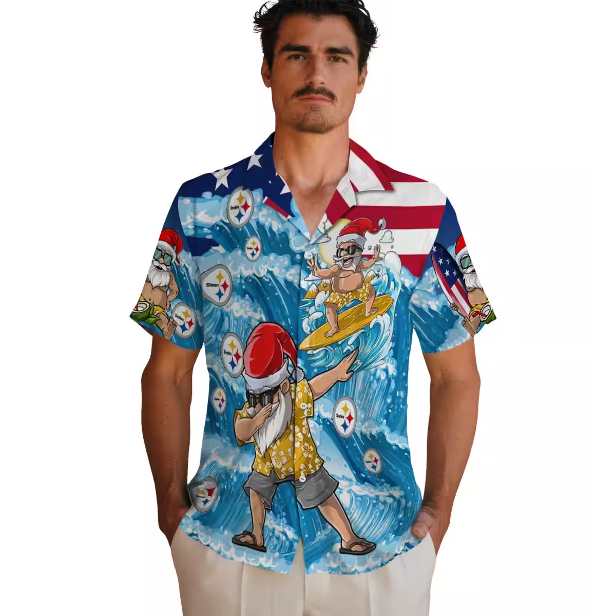 Unisex Pittsburgh Steelers Surfing Santa Hawaiian Shirt with Dabbing Santa American Flag - Christmas Holiday Button-Down