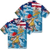 Unisex Pittsburgh Steelers Surfing Santa Hawaiian Shirt With Dabbing Santa American Flag Christmas Holiday Button Down 3 M8i9x.jpg - sohemix