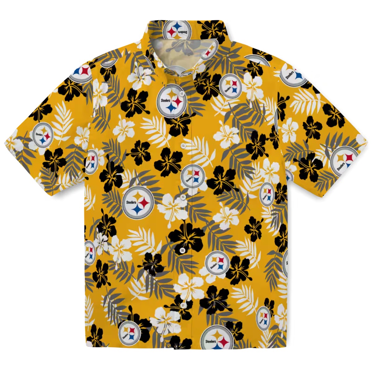 Unisex Pittsburgh Steelers Tropical Floral Print Yellow Gold Casual Summer Hawaiian Button-Down Shirt