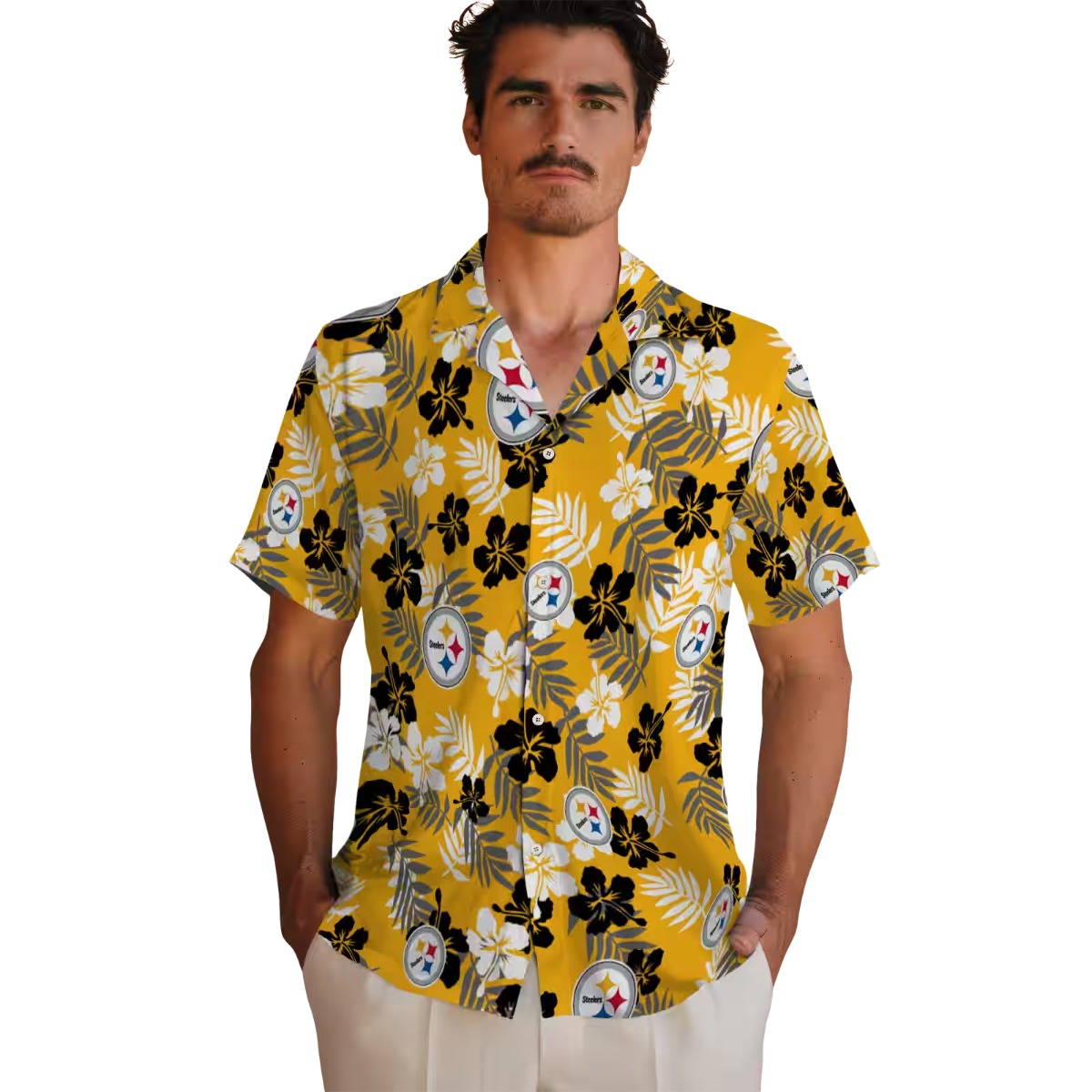Unisex Pittsburgh Steelers Tropical Floral Print Yellow Gold Casual Summer Hawaiian Button-Down Shirt