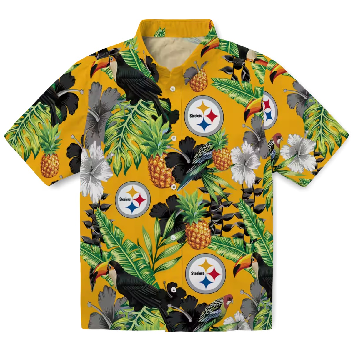 Unisex Pittsburgh Steelers Tropical Hawaiian Shirt with Toucans, Pineapples, and Hibiscus Flowers - Yellow Button Down