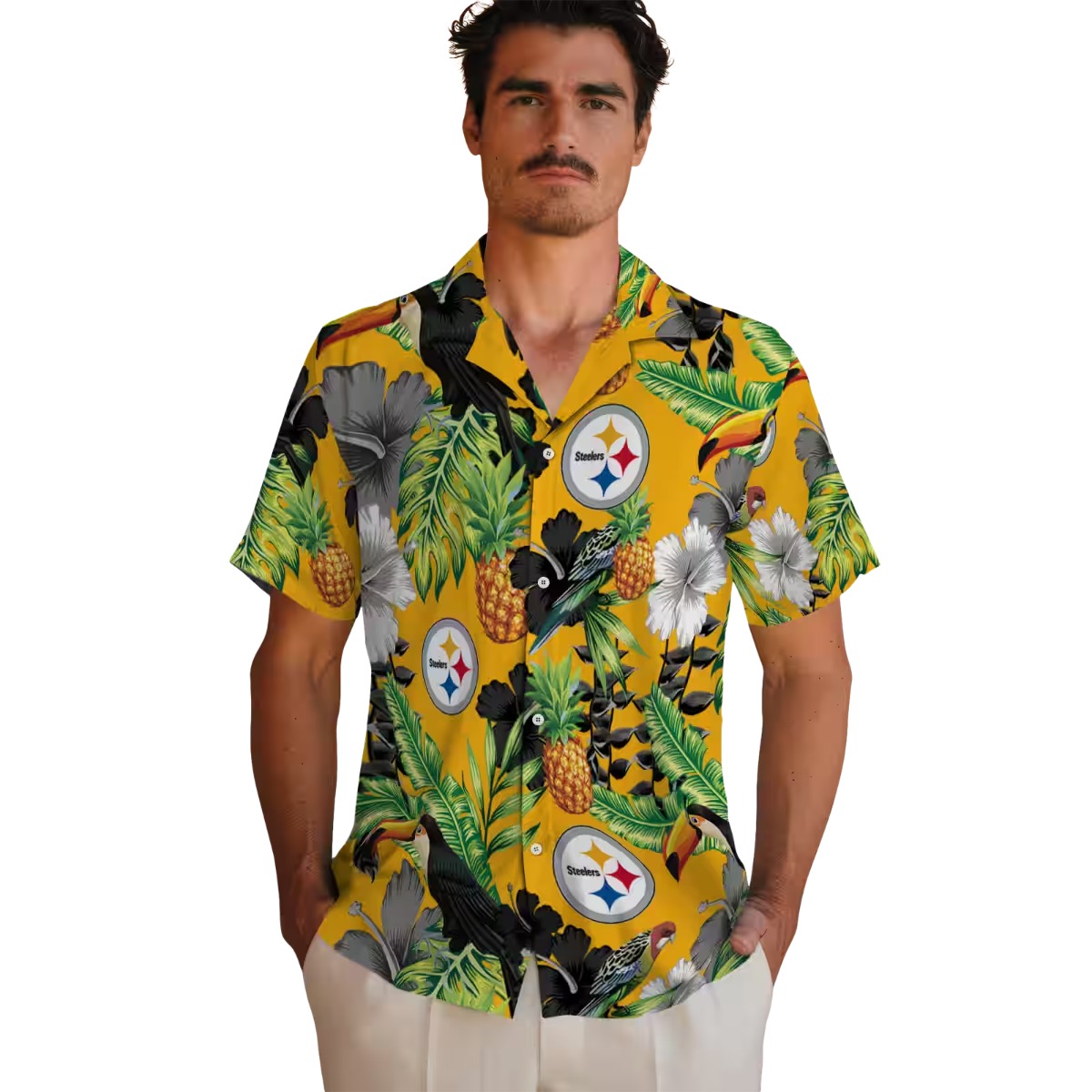 Unisex Pittsburgh Steelers Tropical Hawaiian Shirt with Toucans, Pineapples, and Hibiscus Flowers - Yellow Button Down
