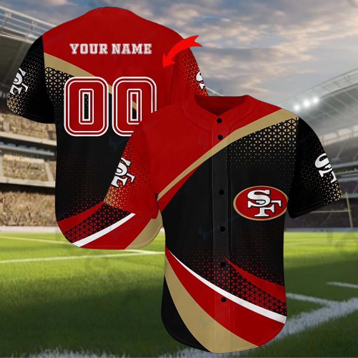 Unisex San Francisco 49ers Baseball Jersey - Customizable Red Black Gold Full Button-Down Fan Shirt