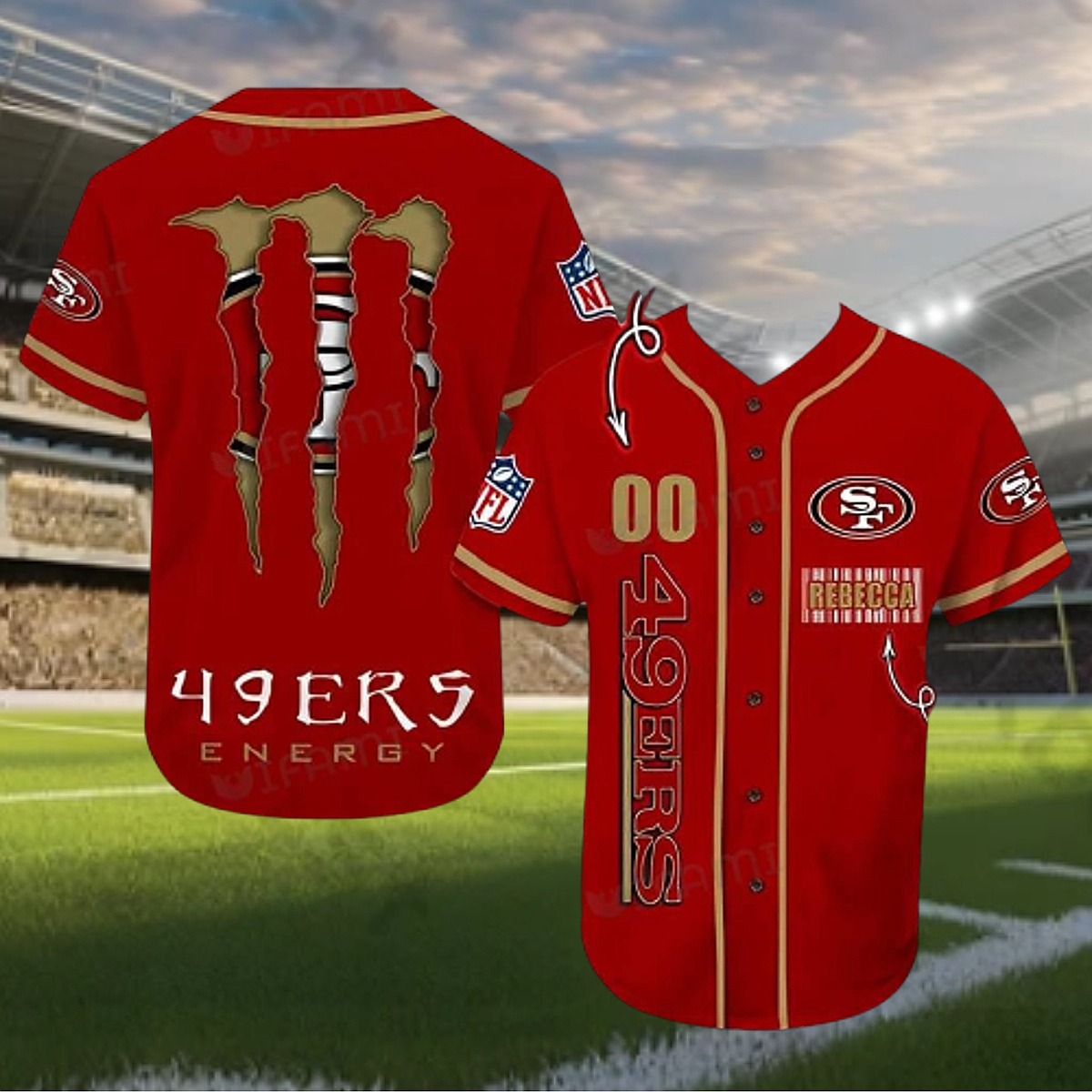 Unisex San Francisco 49ers Baseball Jersey - Red Monster Energy Claw Custom Name Number Button-Down Shirt