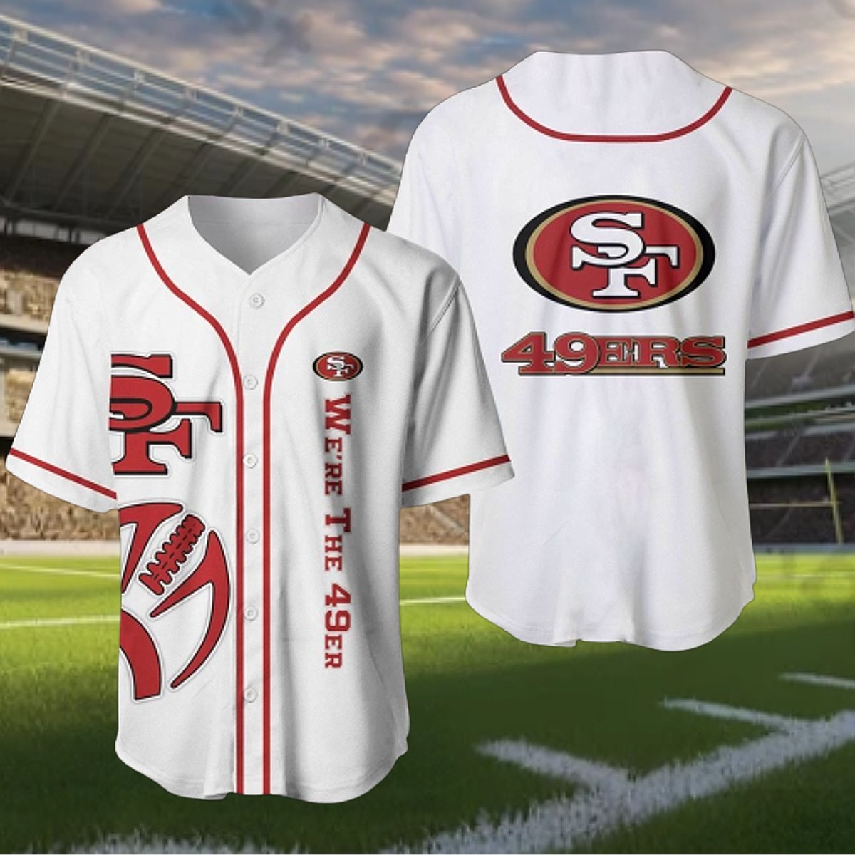 Unisex San Francisco 49ers Baseball Jersey Shirt - White NFL Game Day Fan Button-Down with Red SF Logo Football Graphic