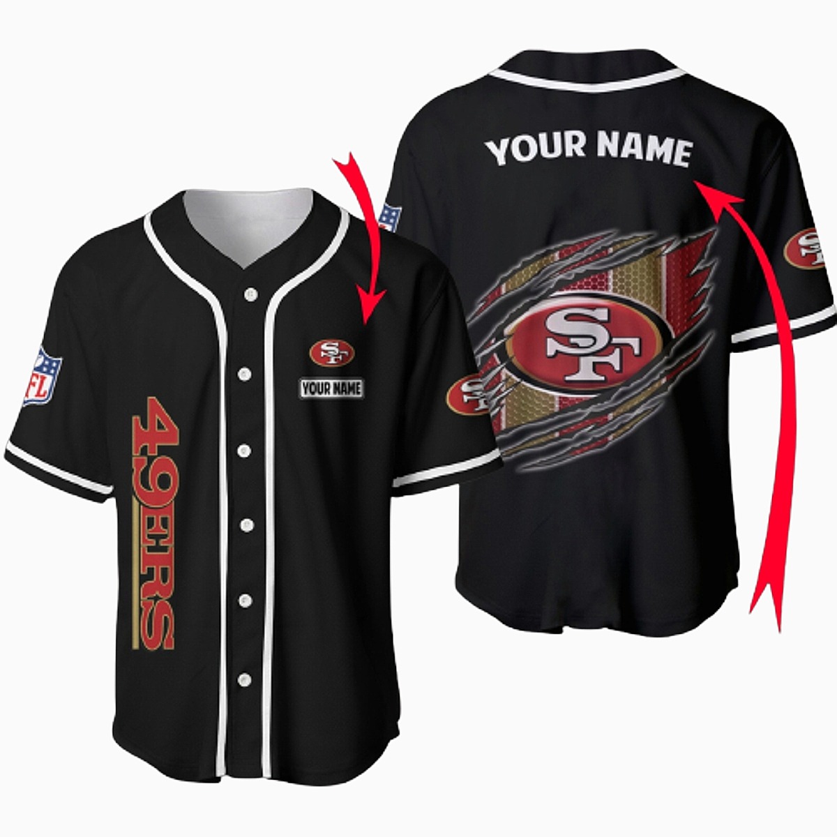 Unisex San Francisco 49ers Custom Name Baseball Jersey - Black NFL Game Day Button-Down with Torn Logo Design