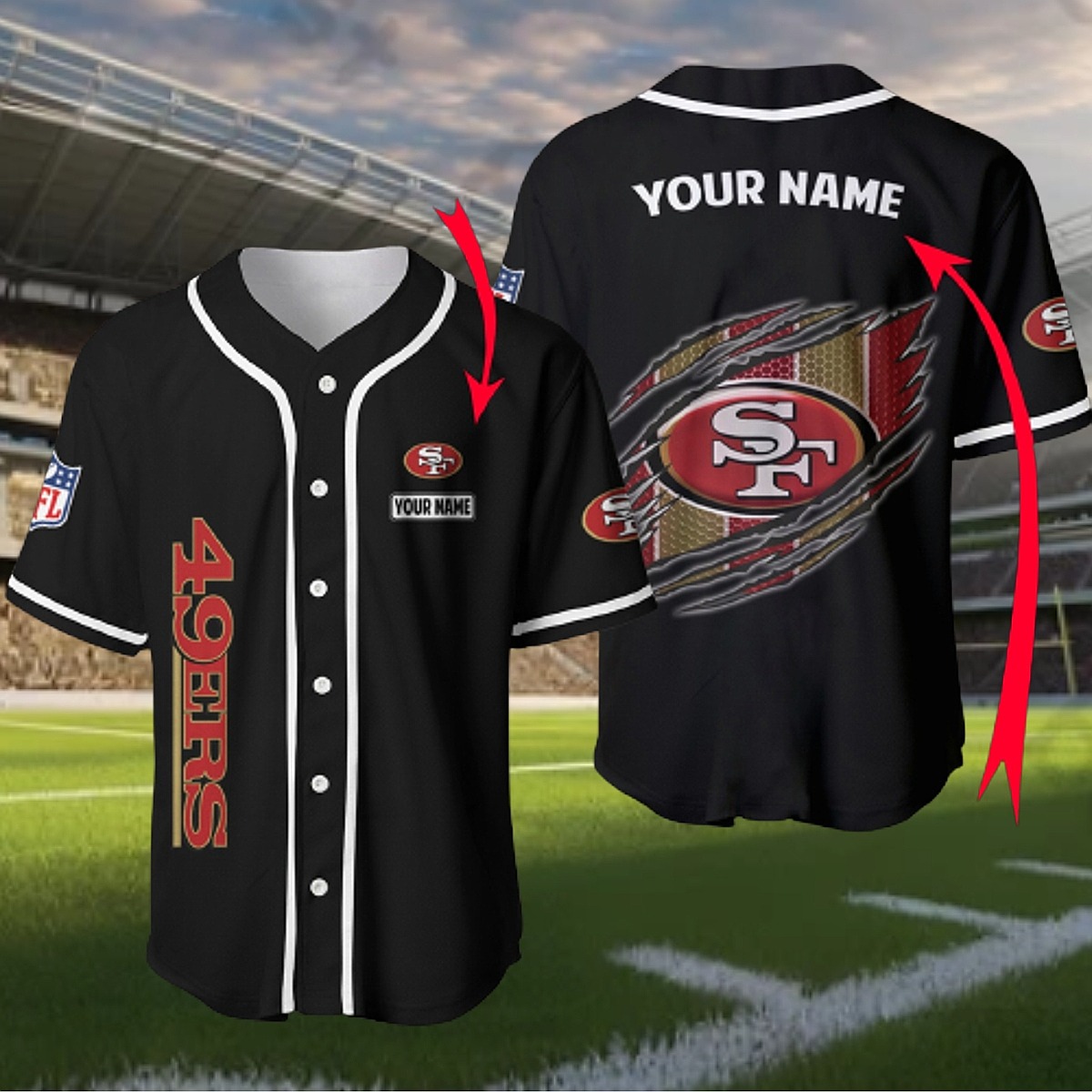 Unisex San Francisco 49ers Custom Name Baseball Jersey - Black NFL Game Day Button-Down with Torn Logo Design