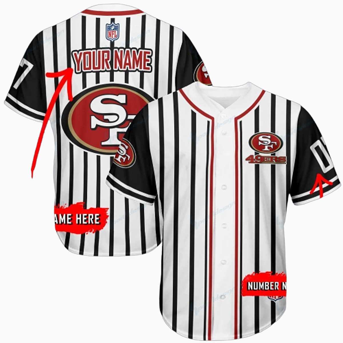 Unisex San Francisco 49ers Custom Pinstripe Baseball Jersey - Personalized Name Number Fan Shirt