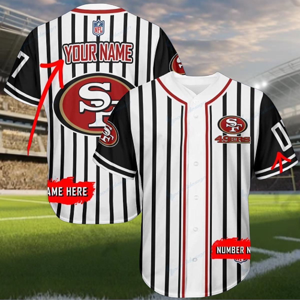 Unisex San Francisco 49ers Custom Pinstripe Baseball Jersey - Personalized Name Number Fan Shirt