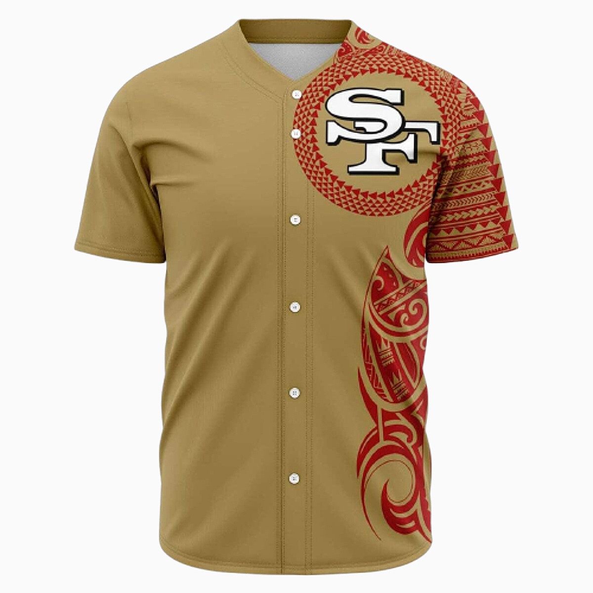 Unisex San Francisco 49ers Gold Baseball Jersey with Red Polynesian Tribal Print - Short Sleeve Button-Down Fan Apparel