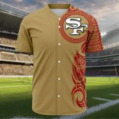 Unisex San Francisco 49ers Gold Baseball Jersey With Red Polynesian Tribal Print Short Sleeve Button Down Fan Apparel 2 Nufil.jpg - sohemix
