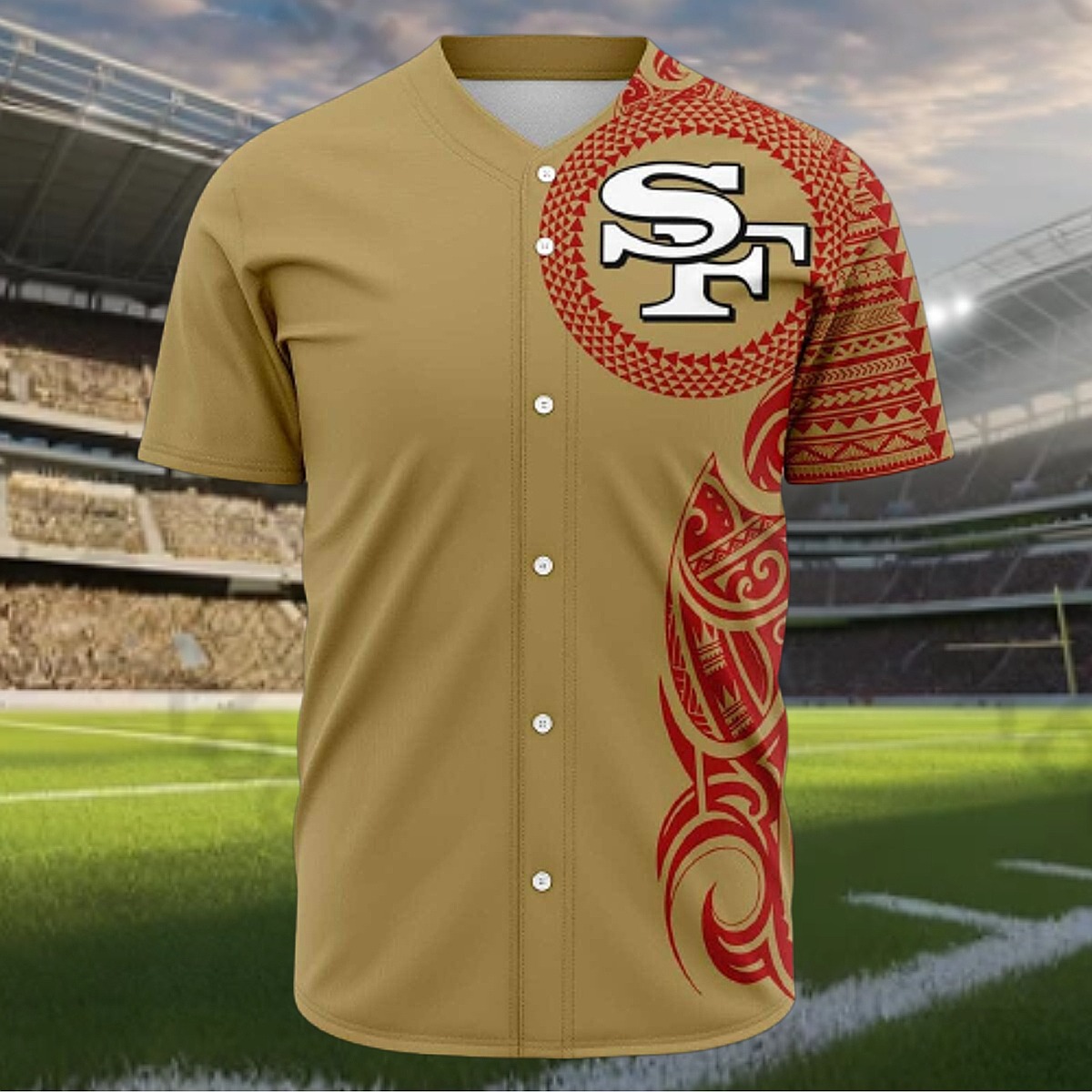 Unisex San Francisco 49ers Gold Baseball Jersey with Red Polynesian Tribal Print - Short Sleeve Button-Down Fan Apparel