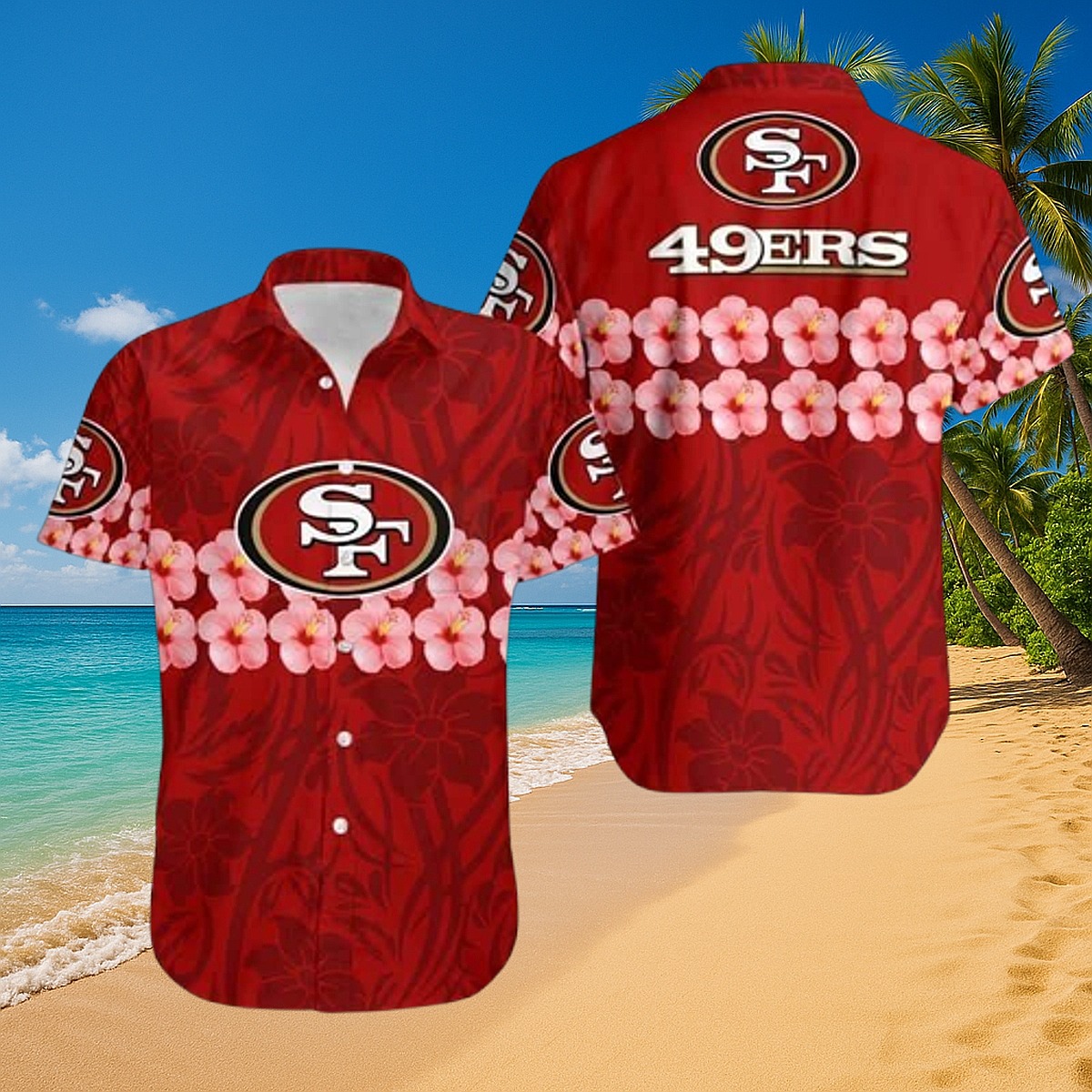Unisex San Francisco 49ers Hawaiian Shirt - Red Hibiscus Floral NFL Fan Button-Down
