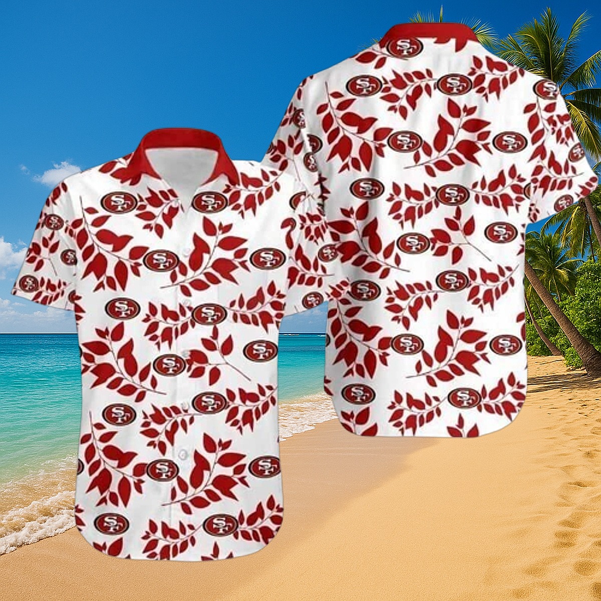 Unisex San Francisco 49ers Hawaiian Shirt - Red Leaf Pattern Team Logo Tropical Button-Down