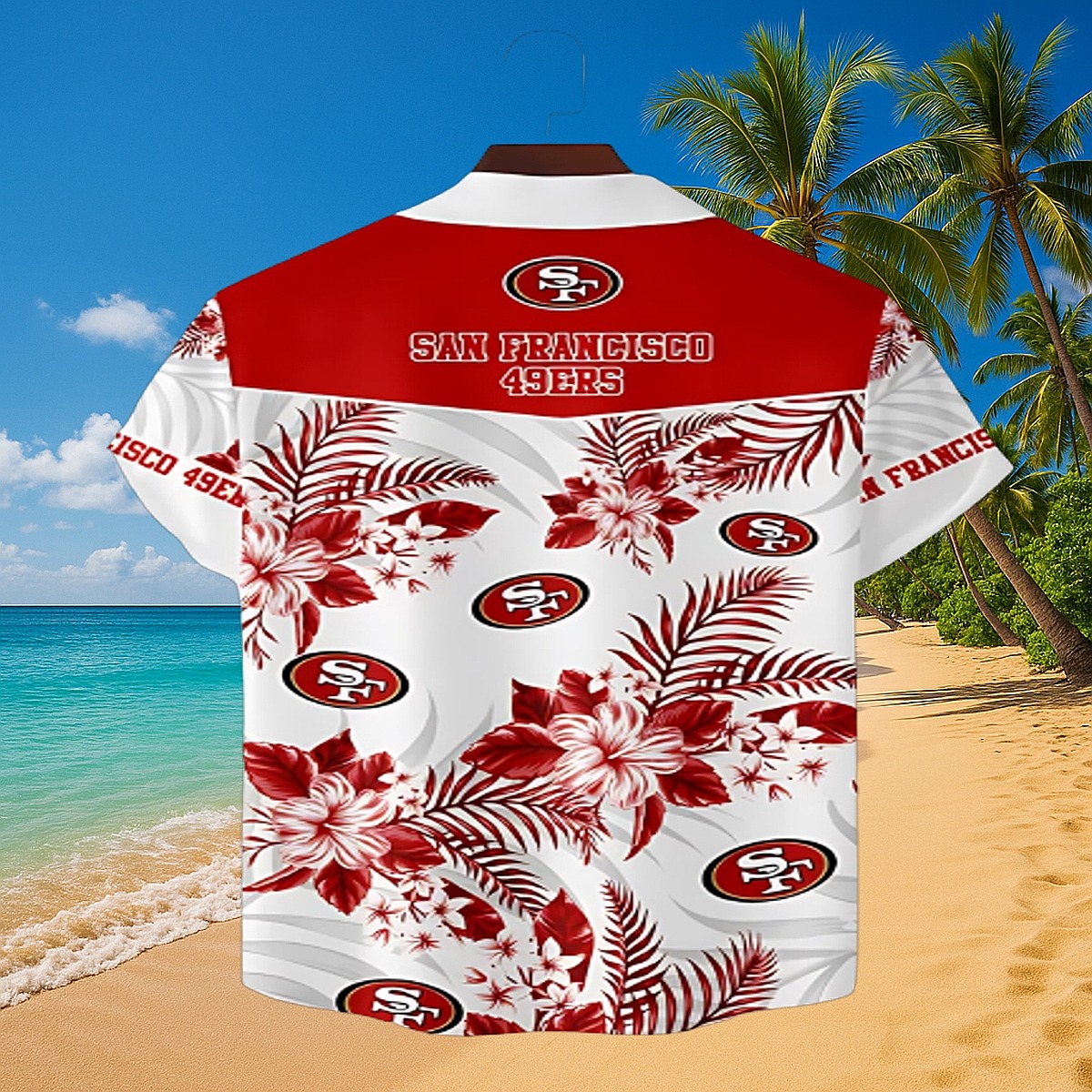 Unisex San Francisco 49ers Hawaiian Shirt - Red Tropical Floral Palm Leaf Print Button-Down