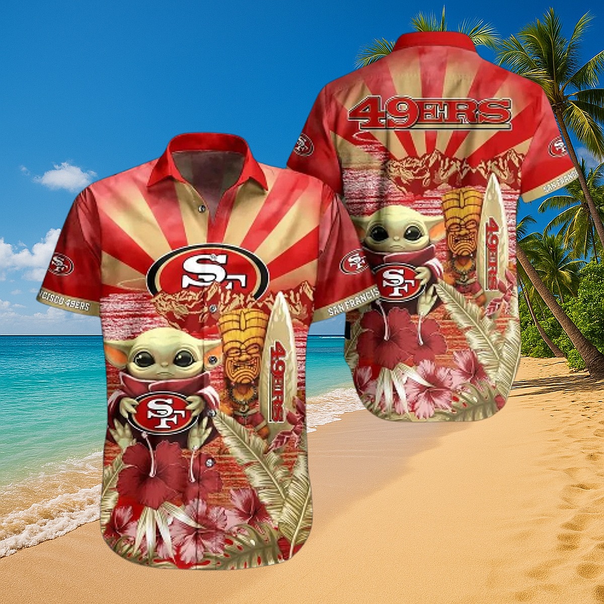 Unisex San Francisco 49ers Hawaiian Shirt with Baby Yoda, Tiki, and Tropical Floral Print