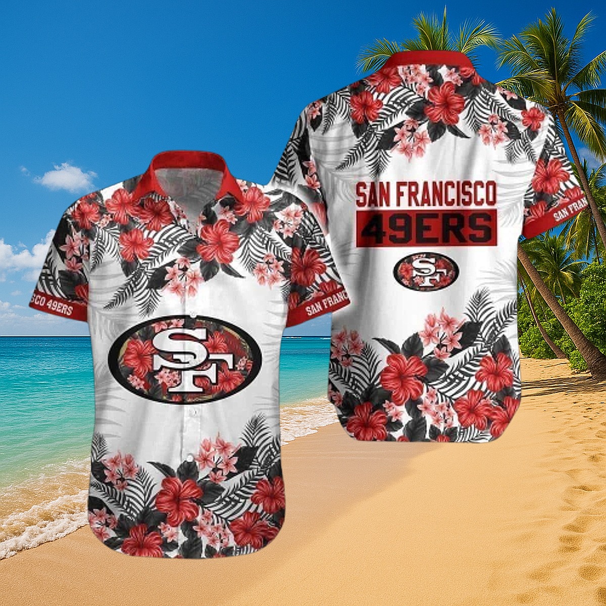 Unisex San Francisco 49ers Hawaiian Shirt with Red Hibiscus Floral Print - Tropical Summer Button-Down Fan Apparel