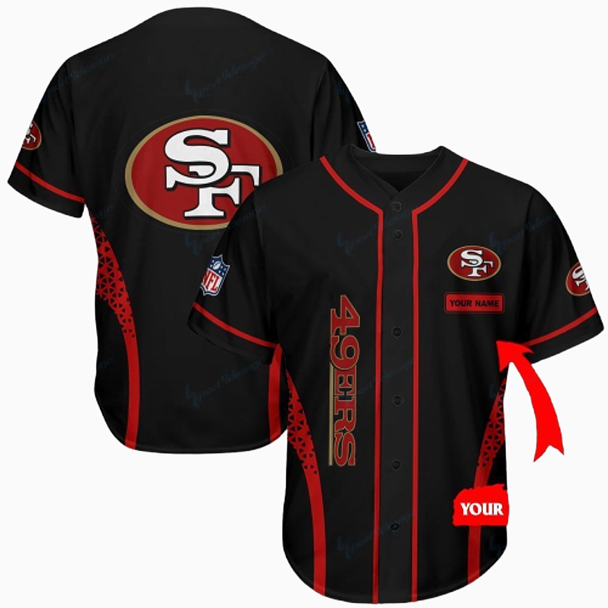 Unisex San Francisco 49ers NFL Black Red Full Button Baseball Jersey - Customizable Fan Gear