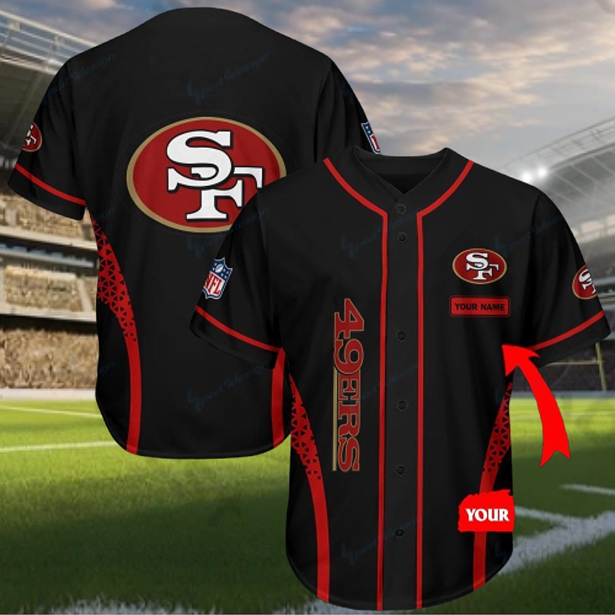 Unisex San Francisco 49ers NFL Black Red Full Button Baseball Jersey - Customizable Fan Gear